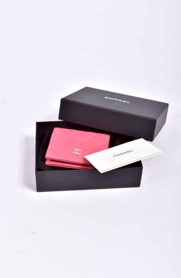 chanel粉色香奈兒經典菱格紋對折短夾
