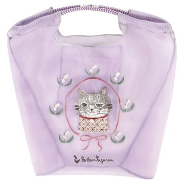 kUSUgURU JAPAN 日本眼鏡貓 Parlor Suzuran-do系列 緹花繩手柄刺繡 傘繩購物包/網紗提包  紫色  32.5 x 41 x 13cm