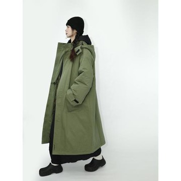 咕嚕喔 寬松保暖男女款棉襖慵懶黑色大衣工裝軍綠色中長款棉服
