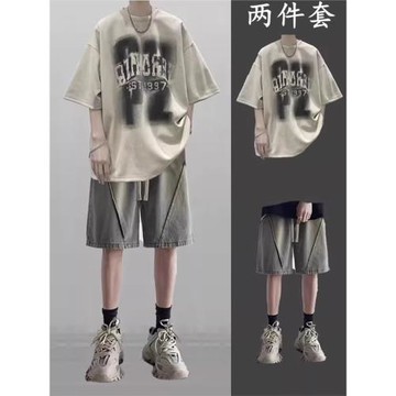 美式復古純棉T恤男夏季2025新款短袖短褲套裝潮牌男裝一整套搭配