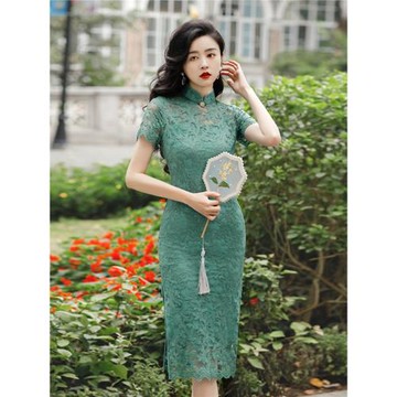 琳湘漫春夏綠色蕾絲年輕改良旗袍復古中式氣質優雅中長顯瘦連衣裙
