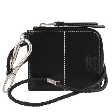 TODS 烙印LOGO金屬扣環編織頸掛L型拉鍊零錢包/卡包.黑