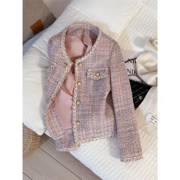 粉色溫柔淑女范小香風短款外套女2025秋冬新款粗花呢洋氣優雅上衣