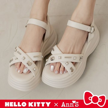 Ann’S X Sanrio三麗鷗 HELLO KITTY 聯名 真皮羊皮交叉厚底涼鞋6cm-米白