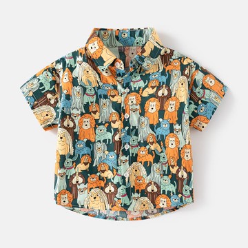 WELLKIDS - 純棉休閒翻領短袖襯衫-動物的世界-深墨綠色