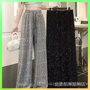 🔥臺灣出貨 重工鑲鑽慵懶休閒褲女夏季冰絲直筒褲寬鬆垂感設計感抽繩拖地長褲 限時特賣X315-2-A