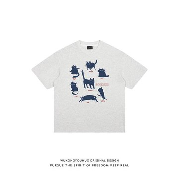 悟空有貨夏季趣味搞怪貓咪印花320G重磅短袖男美式寬松情侶裝T恤