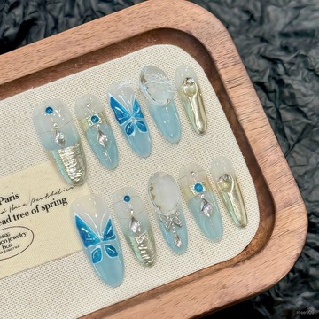 💟加一手工甲💅🏻藝禾美甲 冰藍蝶衣冰透高級感清冷感蝴蝶魔鏡顯白網紅手工穿戴甲純手工穿戴甲 RFDG
