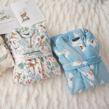 出口德國秋冬超柔法蘭絨印花保暖浴袍女式系帶長款卡通睡袍家居服