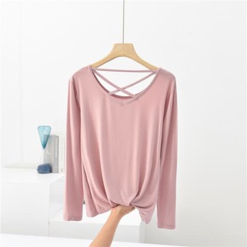 春秋T恤女白色長袖莫代爾新款性感漏背上衣顯瘦大碼夏內搭打底衫