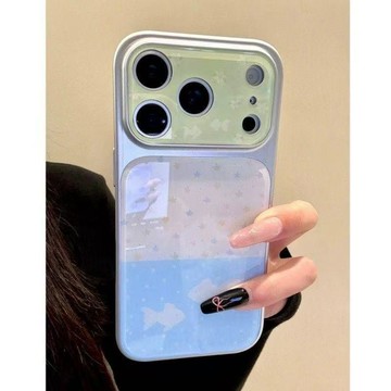藍底小魚適用蘋果17AIR/16PROMAX手機殼15PLUS大視窗14iPhone13套