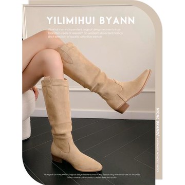 一力米灰 美式辣妹~！復古絨面方頭西部長靴百搭粗跟高筒堆堆靴女