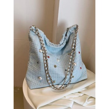 網紅時尚珍珠鑲嵌高級質感小眾托特包女新款2025夏季簡約單肩包包