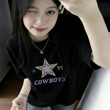 本土出貨 短袖上衣 短袖T恤 T恤女 甜酷少女星星字母印花短袖T恤女韓系寬鬆百搭圓領學生上衣男N R