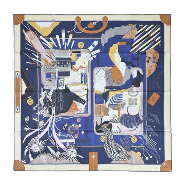 Hermes 愛馬仕 Bagage a Main 90 手工捲邊斜紋真絲方巾(海軍藍/皮革/香草)