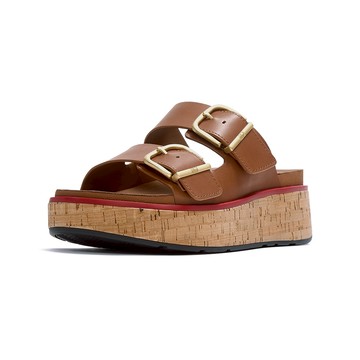 【FitFlop】GEN-FF MAX 扣環皮革／軟木塞紋雙帶涼鞋-女(深棕褐色)