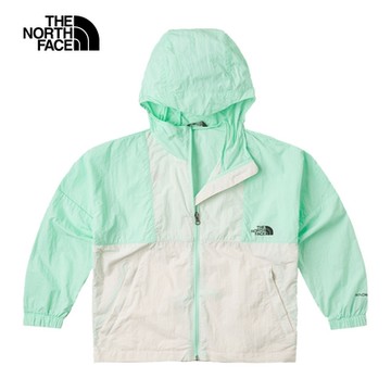 【The North Face 官方旗艦】北面兒童綠白拼接UPF防曬彈力袖口休閒連帽外套｜8998XOE 抗UV