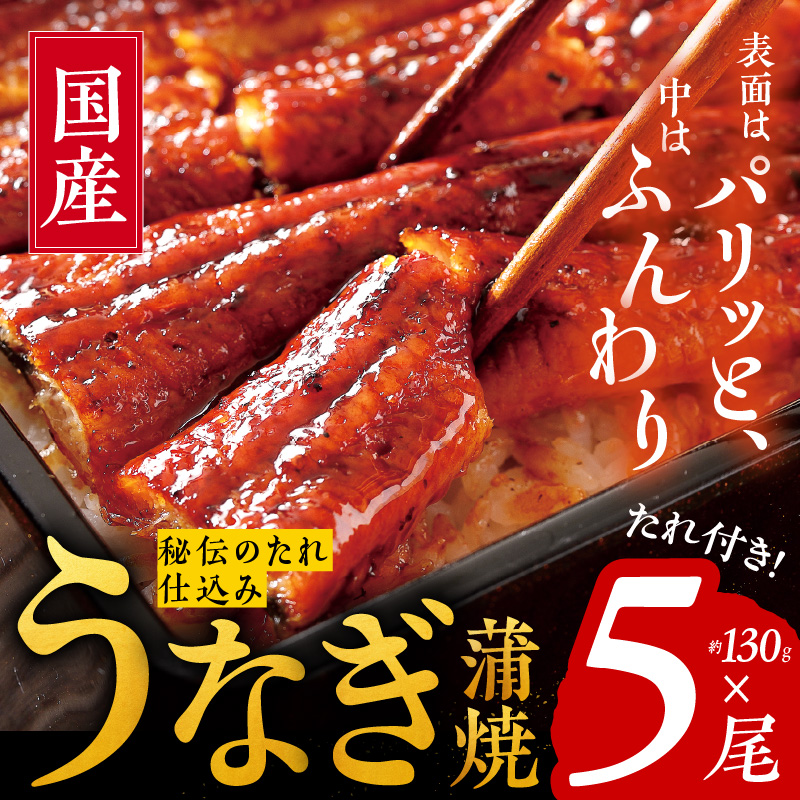 099H875 国産うなぎ 約130ｇ×5尾  秘伝のたれ 蒲焼 鰻 ウナギ 無頭 炭火焼き 備長炭 手焼き