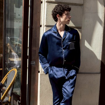 NotJustPajama 心動博物館系列刺繡男士真絲長袖長褲睡衣套裝 - 藏藍色-XL