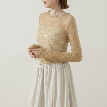 QUEENSHOP_S 女裝 長袖 緹花蕾絲透膚長袖上衣 四色售 現+預 【01099619】