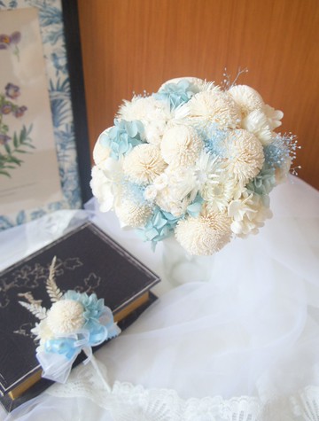 水精靈藍白色手綁新娘捧花/胸花(乾燥花/不凋花/婚紗/海洋風婚禮)