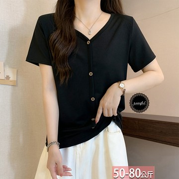 大V純色單排木釦飾豎壓紋上衣 L-4XL【433466X】【現+預】☆流行前線☆