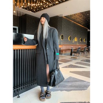 洛邊 以山海之名 復古假兩件羊毛大衣中長款寬松手工縫雙面呢外套