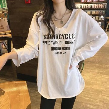 歐貨U領長袖t恤女2026春秋新款白色中長款寬松加絨內搭打底衫上衣