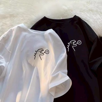 【限時下殺！隔日到貨】落肩寬鬆280G恐龍印花純棉短袖T恤男情侶裝簡約短袖上衣Oversize大尺碼男生衣服休閒夏季百搭