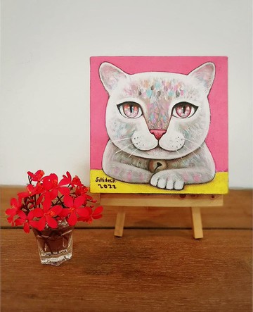 畫布上的貓原畫 15X15cm。