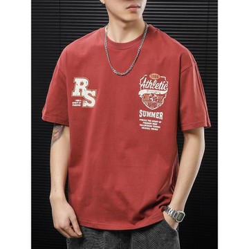 2025夏季美式復古短袖男印花T恤圓領寬松大碼紅色潮牌高街上衣胖