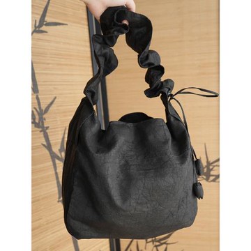 香云紗龜裂紋荷葉抽繩包 國風新中式女通勤單肩包手提包可斜挎包