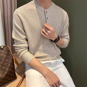 秋冬圓領套頭加厚青年針織衫 百搭打底衫男士毛衣帶鈕扣