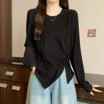 現款免運 針織衫女 長袖針織衫 針織長袖上衣 大碼女裝不規則開叉長袖T恤秋季胖mm寬鬆遮肚顯瘦百搭上衣U