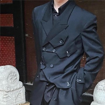 自主Yohji 山本暗黑風 羊毛 雙層多紐扣 解構設計裁剪 西服夾克