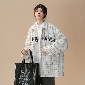 格子春秋款港味chic翻領寬松外套