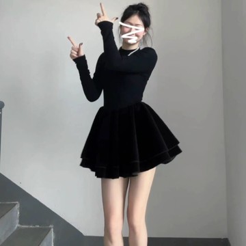 【巴黎精品】連身裙長袖洋裝-赫本風蓬蓬小黑裙女裙子黑色w1af54