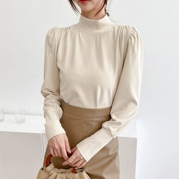 La Belleza立領內裡德絨肩抓皺燈籠袖修身保暖半高領內搭彈性親膚上衣