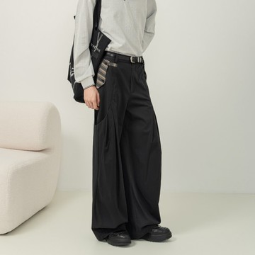 【蟬翼】都市復古 拼接口袋打褶闊腿工裝褲/美式傘兵褲