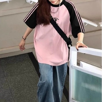ATL 女童短袖 中大童衣服 兒童上衣兒童三條杠插肩短袖t恤女童夏裝2025年新款小眾半袖上衣中大童潮
