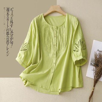 小菲家~高端鏤空刺繡苧麻襯衫女夏季寬松休閑遮肚子顯瘦棉麻上衣