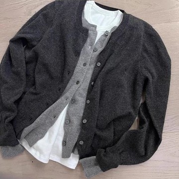 灰色假兩件針織開衫毛衣外套女生春秋圓領修身拼接上衣設計感小眾