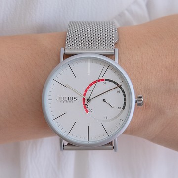 正韓JULIUS歲月的寄託日期顯示金屬米蘭鍊帶手錶【WJAH119】-白面銀帶