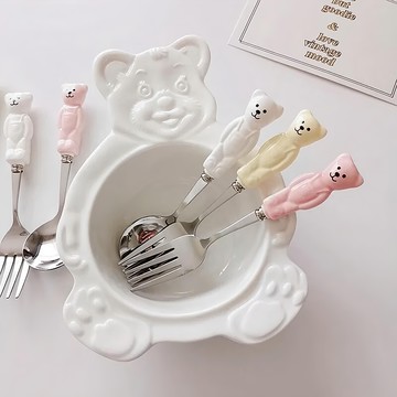 沐慕家居 陶瓷小熊不銹鋼叉子  叉子  米白  4支
