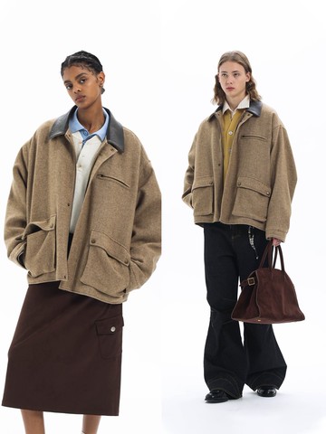 【50%羊毛混紡】中古老錢風雅痞檫色皮領毛工裝夾克Unvesno(UN)