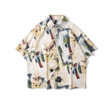 花襯衫歐美復古油畫印花短袖襯衫男女潮牌街頭寬松bf慵懶風花襯衣