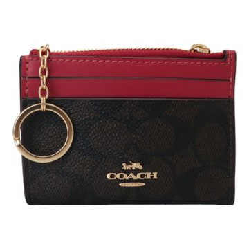 COACH 金馬車撞色皮革方型附鎖圈卡夾/零錢包(深咖x紅)