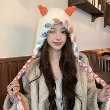 搞怪可愛羊角流蘇怪獸毛絨包頭秋冬針織帽子大頭防寒保暖顯臉護耳