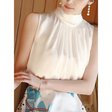 2026春夏掛脖無袖雪紡衫女高領上衣寬松遮肚飄帶蝴蝶結系帶背心