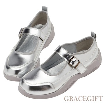 【Grace Gift】極簡圓頭機能瑪莉珍運動鞋 銀